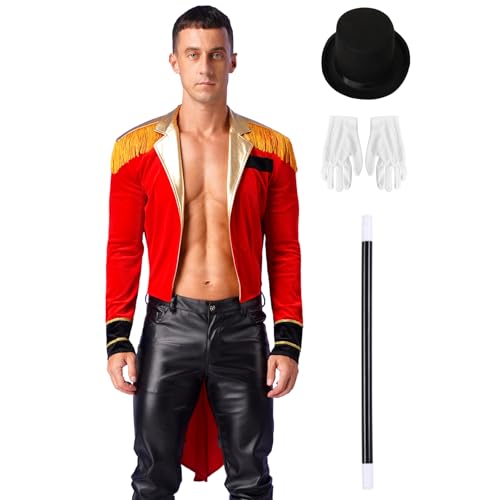 Hedmy Herren Zirkusdirektor Kostüm Vintage Retro Jacke Frack mit Hut und Handschuhe Zauberstab Set für Karneval Halloween Rot 3XL von Hedmy