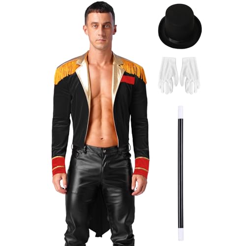 Hedmy Herren Zirkusdirektor Kostüm Vintage Retro Jacke Frack mit Hut und Handschuhe Zauberstab Set für Karneval Halloween Schwarz 3XL von Hedmy