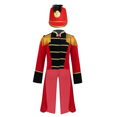 Hedmy Jungen Zirkus Kostüm Frack Mantel Vintage Mantel Jacke mit Hut Set für Festival Cosplay Performance 3-16 Jahre Rot 110-116 von Hedmy