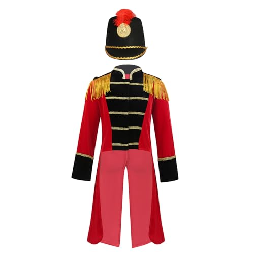 Hedmy Jungen Zirkus Kostüm Frack Mantel Vintage Mantel Jacke mit Hut Set für Festival Cosplay Performance 3-16 Jahre rot schwarz 110-116 von Hedmy