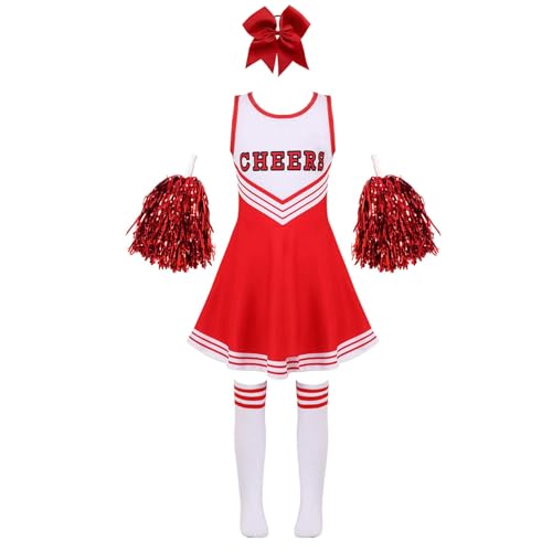 Hedmy Kinder Cheer Leaderin Kostüm Mädchen Cheerleading Kurzarm Kleid mit Pompoms Socken und Kopfbedeckung Halloween Tanzkostüme Rot 110-116 von Hedmy