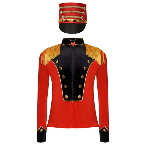 Hedmy Kinder Jungen Mädchen Zirkus Kostüm Langarm Jacke Fransen Epauletten Mantel mit Hut Cosplay Fasching Verkleiduung rot schwarz 122-128 von Hedmy