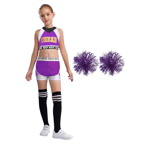 Hedmy Kinder Mädchen Ärmellos Cheerleading Tank Top Minirock Pompom Socken Set Cheer Outfit für Karneva Halloween Lila & Weiß 110-116 von Hedmy