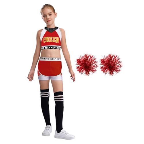 Hedmy Kinder Mädchen Ärmellos Cheerleading Tank Top Minirock Pompom Socken Set Cheer Outfit für Karneva Halloween Rot-Weiss 134-140 von Hedmy