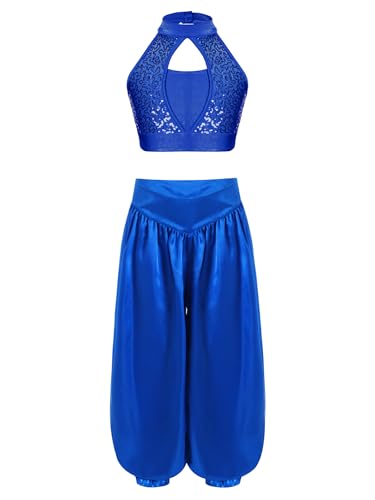 Hedmy Kinder Mädchen Bauchtanz Kostüm Set Pailletten Crop Top mit Hosen Fasching Karneval Tanz Hip Hop Kleidung Blau 110-116 von Hedmy