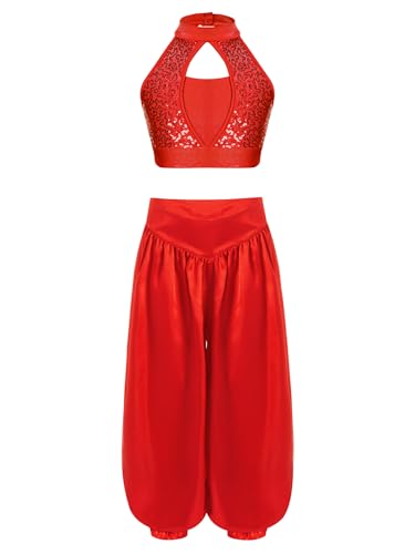 Hedmy Kinder Mädchen Bauchtanz Kostüm Set Pailletten Crop Top mit Hosen Fasching Karneval Tanz Hip Hop Kleidung Rot 110-116 von Hedmy