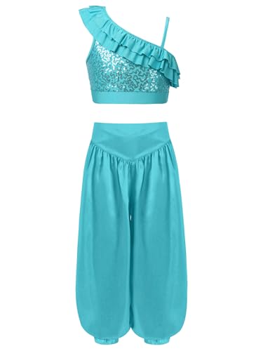 Hedmy Kinder Mädchen Bauchtanz Kostüm Set Pailletten Crop Top mit Satin Bloomers Hosen Fasching Karneval Tanz Outfit Blau 146-152 von Hedmy