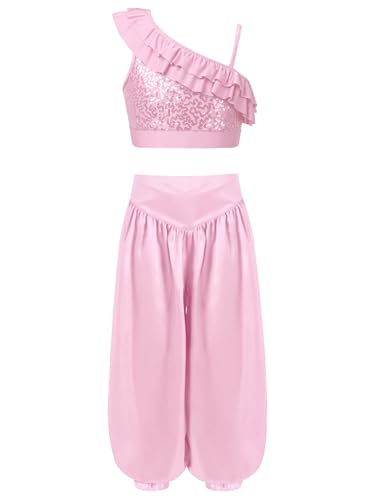 Hedmy Kinder Mädchen Bauchtanz Kostüm Set Pailletten Crop Top mit Satin Bloomers Hosen Fasching Karneval Tanz Outfit Rosa 146-152 von Hedmy