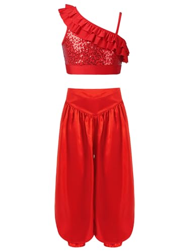 Hedmy Kinder Mädchen Bauchtanz Kostüm Set Pailletten Crop Top mit Satin Bloomers Hosen Fasching Karneval Tanz Outfit Rot 122-128 von Hedmy