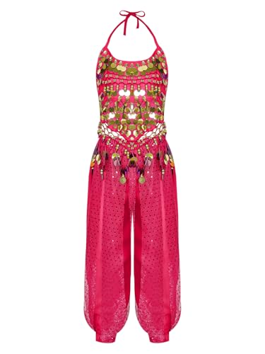 Hedmy Kinder Mädchen Bauchtanz Kostüm Set Pailletten Quaste Crop Top mit Hosen Fasching Karneval Tanz Outfit Hot Pink 134-152 von Hedmy