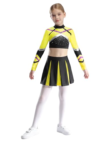 Hedmy Kinder Mädchen Cheerleading Kostüm Langarm Crop Tops mit Rock Karneval Fasching Party Wettkampf Verkleidung Fluoreszierendes Gelb 122-128 von Hedmy