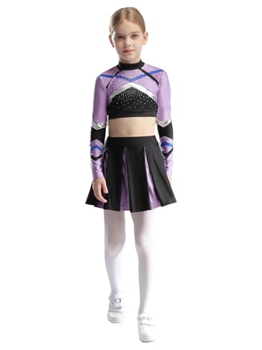 Hedmy Kinder Mädchen Cheerleading Kostüm Langarm Crop Tops mit Rock Karneval Fasching Party Wettkampf Verkleidung Helles Lila 134-140 von Hedmy