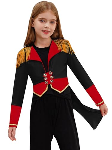 Hedmy Kinder Mädchen Zirkus Kostüm Zirkusdirektor Mittelalter Gothic Frackjacke Frack Mantel Halloween Party Cosplay Outfit Schwarz 134-140 von Hedmy