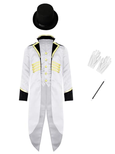 Hedmy Kinder Mantel Gothic Frack Edelmann Jacke Jungen Langer Mantel Handschuhe Hut und Zauberstab Set Halloween Karneval Party Cosplay Kostüm Weiß 110-116 von Hedmy