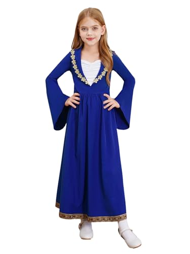 Hedmy Kinder Mittelalter Kostüm Mädchen Renaissance Prinzessin Kleid Langarm Patchwork Kleid Cosplay Party Kostüm Königsblau 110-116 von Hedmy