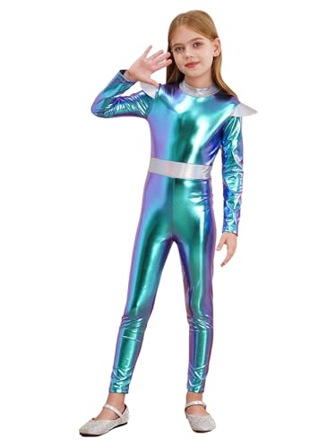 Hedmy Mädchen Astronaut Kostüm Alien Cosplay Kostüm Langarm Glänzend Metallisch Bodysuit für Halloween Karneval Blau 170 von Hedmy