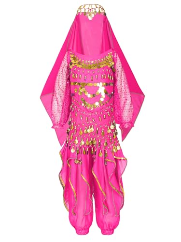 Hedmy Mädchen Bauchtanz Kostüm Set Crop-Top Pailletten Quaste Crop Top geraffte Hosen Schal Kopftuch Fasching Karneval Outfit Hot Pink 122-140 von Hedmy