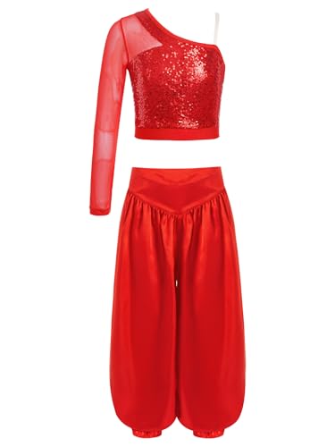 Hedmy Mädchen Bauchtanz Kostüm Set Pailletten Langarm Eine Schulter Crop Top mit Hosen Fasching Karneval Tanz Hip Hop Kleidung Rot 122-128 von Hedmy