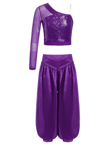 Hedmy Mädchen Bauchtanz Kostüm Set Pailletten Langarm Eine Schulter Crop Top mit Hosen Fasching Karneval Tanz Hip Hop Kleidung Violett 170 von Hedmy