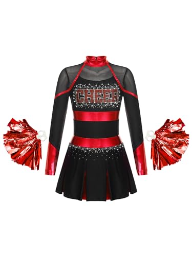 Hedmy Mädchen Cheer Leader Kostüm Cheerleaderin Kleid Langarm Patchwork Tanzkleid für Halloween Party Karneval Schwarz Rot 110-116 von Hedmy