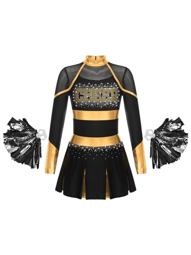 Hedmy Mädchen Cheer Leader Kostüm Cheerleaderin Kleid Langarm Patchwork Tanzkleid für Halloween Party Karneval Schwarzes Gold 170 von Hedmy