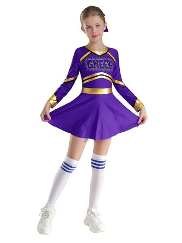 Hedmy Mädchen Cheer Leader Kostüm Cheerleaderin Uniform Langarm Cheerleading Tanzkleid Pailletten Kleid Für Fasching Karneval Dunkelviolett 170 von Hedmy