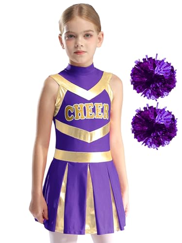 Hedmy Mädchen Cheer Leader Kostüm Uniform Plissiert Kleid Ärmellos Brief Drucken Tanzkleid mit Pompons Poms für Karneval Ein Lila 170 von Hedmy