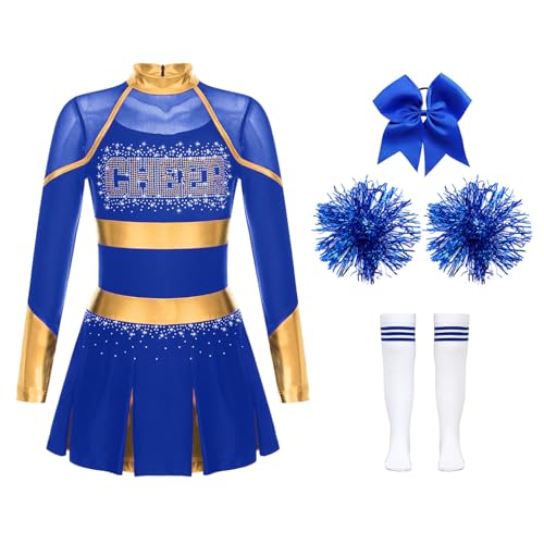 Hedmy Mädchen Cheer Leader Tanzkostüm Set Cheerleading Kleid + Pompoms + Socken + Kopfbedeckung Faschingskostüm B Blau 110-116 von Hedmy