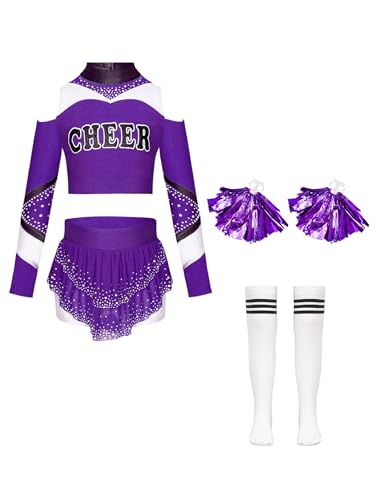 Hedmy Mädchen Cheerleadering Halloween Karneval Kostüm Tanz Uniformen mit Pompons und Socken für Kinder 5-16 Jahre Violett 122-128 von Hedmy