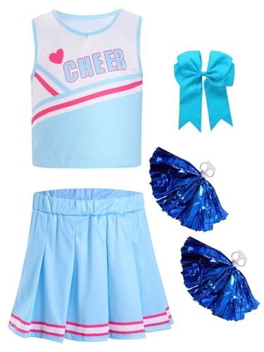 Hedmy Mädchen Cheerleadering Kostüm Ärmellos Tank Top Minirock Kopfschmuck Pompom für Fancy Dress Halloween Blau 110-116 von Hedmy