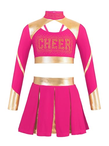 Hedmy Mädchen Cheerleadering Kostüm Cheer Uniform Langarm Tanztop und Minirock Fasching Partykleid Karneval Kostüm Hot Pink 158-164 von Hedmy