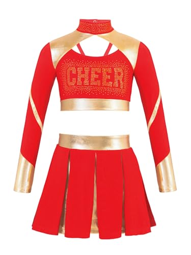 Hedmy Mädchen Cheerleadering Kostüm Cheer Uniform Langarm Tanztop und Minirock Fasching Partykleid Karneval Kostüm Rot 122-128 von Hedmy