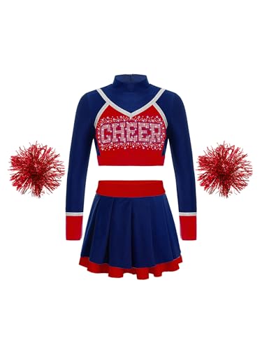 Hedmy Mädchen Cheerleadering Kostüm Schulkind Cheer Outfit Ärmellos Crop Top mit Minirock und Handblumen Karneval Kostüm B Marineblau 134-140 von Hedmy