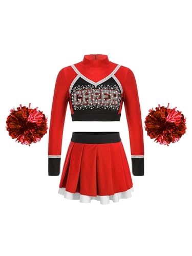 Hedmy Mädchen Cheerleadering Kostüm Schulkind Cheer Outfit Ärmellos Crop Top mit Minirock und Handblumen Karneval Kostüm Ein Rot 134-140 von Hedmy