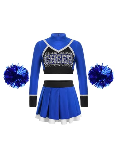Hedmy Mädchen Cheerleadering Kostüm Schulkind Cheer Outfit Ärmellos Crop Top mit Minirock und Handblumen Karneval Kostüm Ein blaues 146-152 von Hedmy