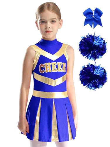 Hedmy Mädchen Cheerleading Kleid Ärmellos Glitzer Tanzkleid Uniform Mit Handblumen und Schleife Bühnenkostüm B Blau 146-152 von Hedmy