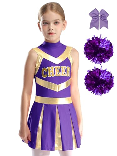 Hedmy Mädchen Cheerleading Kleid Ärmellos Glitzer Tanzkleid Uniform Mit Handblumen und Schleife Bühnenkostüm Ein Lila 170 von Hedmy