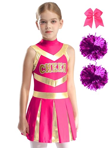 Hedmy Mädchen Cheerleading Kleid Ärmellos Glitzer Tanzkleid Uniform Mit Handblumen und Schleife Bühnenkostüm Ein heißes Rosa 122-128 von Hedmy