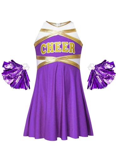 Hedmy Mädchen Cheerleading Kleid Ärmellos V-Ausschnitt Tanzanzug Glitzer Tanzkleid Mit Handblumen Bühnenkostüm Ein Lila 122-128 von Hedmy