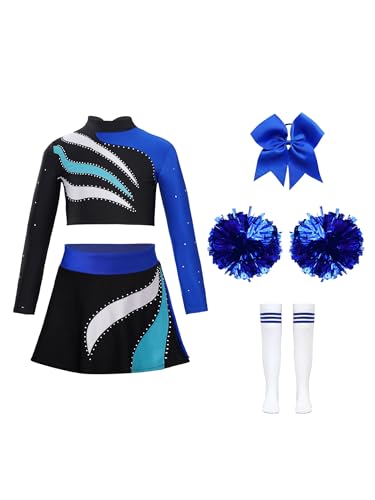 Hedmy Mädchen Cheerleading Kostüm Glitzer Crop Top mit Faltenrock Pompoms Socken und Kopfschmuck Set High School Karneval Fasching Party Blau 158-164 von Hedmy