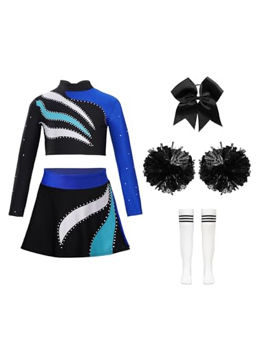 Hedmy Mädchen Cheerleading Kostüm Glitzer Crop Top mit Faltenrock Pompoms Socken und Kopfschmuck Set High School Karneval Fasching Party Blau Schwarz 110-116 von Hedmy