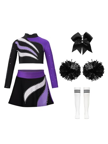 Hedmy Mädchen Cheerleading Kostüm Glitzer Crop Top mit Faltenrock Pompoms Socken und Kopfschmuck Set High School Karneval Fasching Party Lila & Schwarz 170 von Hedmy