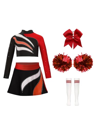 Hedmy Mädchen Cheerleading Kostüm Glitzer Crop Top mit Faltenrock Pompoms Socken und Kopfschmuck Set High School Karneval Fasching Party Rot 110-116 von Hedmy