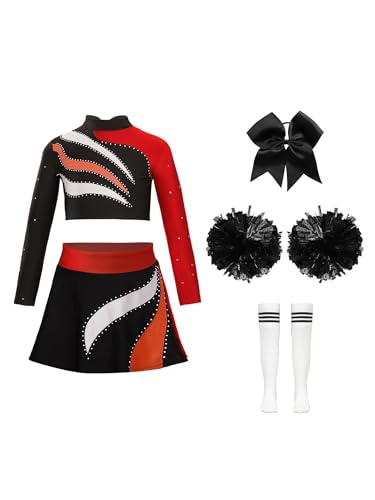 Hedmy Mädchen Cheerleading Kostüm Glitzer Crop Top mit Faltenrock Pompoms Socken und Kopfschmuck Set High School Karneval Fasching Party Rot schwarz 134-140 von Hedmy