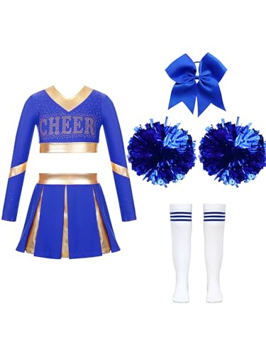 Hedmy Mädchen Cheerleading Kostüm Kinder 2Tlg Langarm Crop Tops mit Rock Pompoms Socken Karneval Fasching Party Verkleidung Ein blaues 134-140 von Hedmy