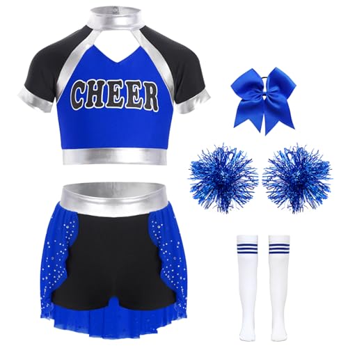 Hedmy Mädchen Cheerleading Kostüm Kinder Crop Tops mit Rock Pompoms Schleife Haarbänder Strümpfe Karneval Fasching Blau 110-116 von Hedmy