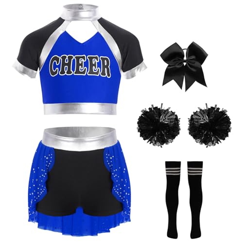 Hedmy Mädchen Cheerleading Kostüm Kinder Crop Tops mit Rock Pompoms Schleife Haarbänder Strümpfe Karneval Fasching Blau Schwarz 134-140 von Hedmy