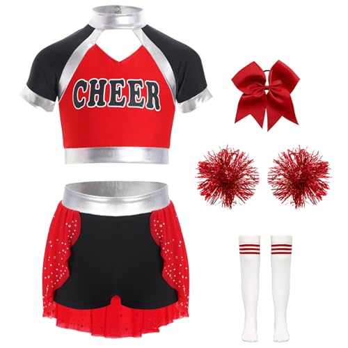 Hedmy Mädchen Cheerleading Kostüm Kinder Crop Tops mit Rock Pompoms Schleife Haarbänder Strümpfe Karneval Fasching Rot 134-140 von Hedmy