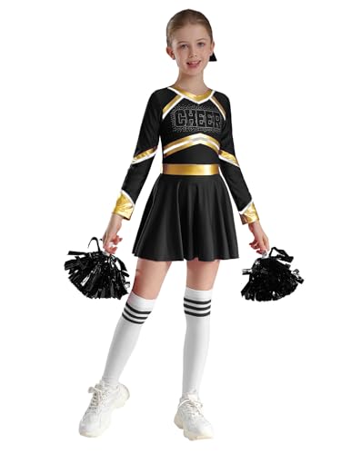 Hedmy Mädchen Cheerleading Kostüm Langarm Tanzkleid mit Pompoms Schulmädchen Uniformen Kleid Cosplay Karneval Halloween Kostüm Schwarz 122-128 von Hedmy