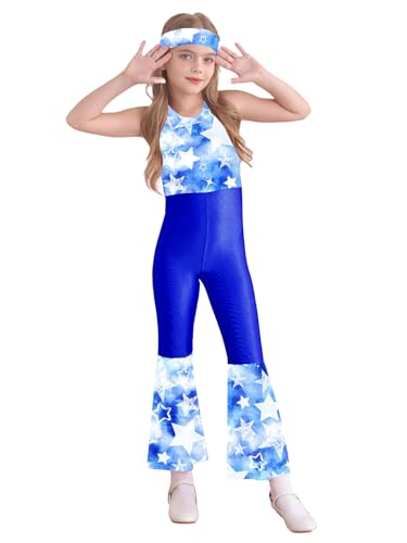 Hedmy Mädchen Halloween 70er Jahre Disco Cosplay Kostüm Jumpsuit Overall Bodysuit mit Stirnband Karneval Party Dancewear Königsblau 158-164 von Hedmy